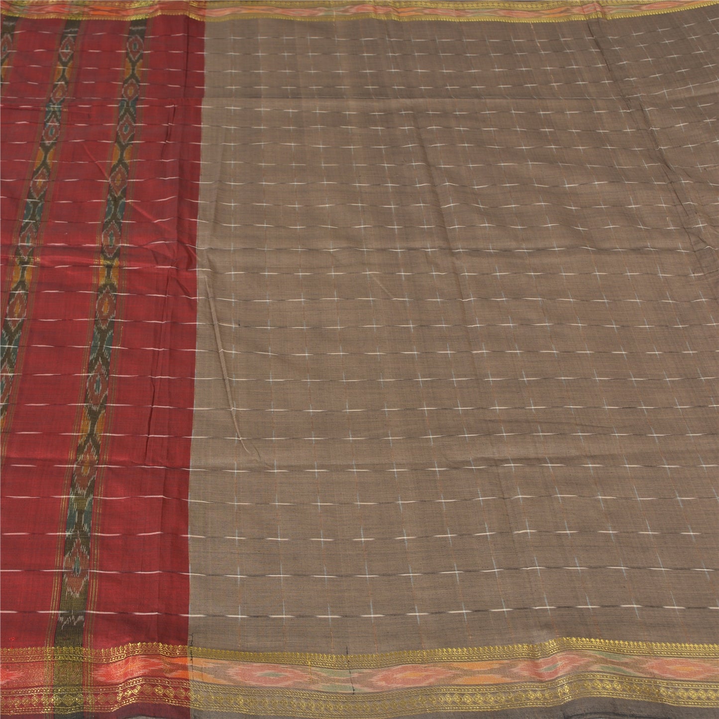 Sanskriti Vintage Sarees Light-Brown Ikat Hand-Woven Cotton Silk Sari 5yd Fabric