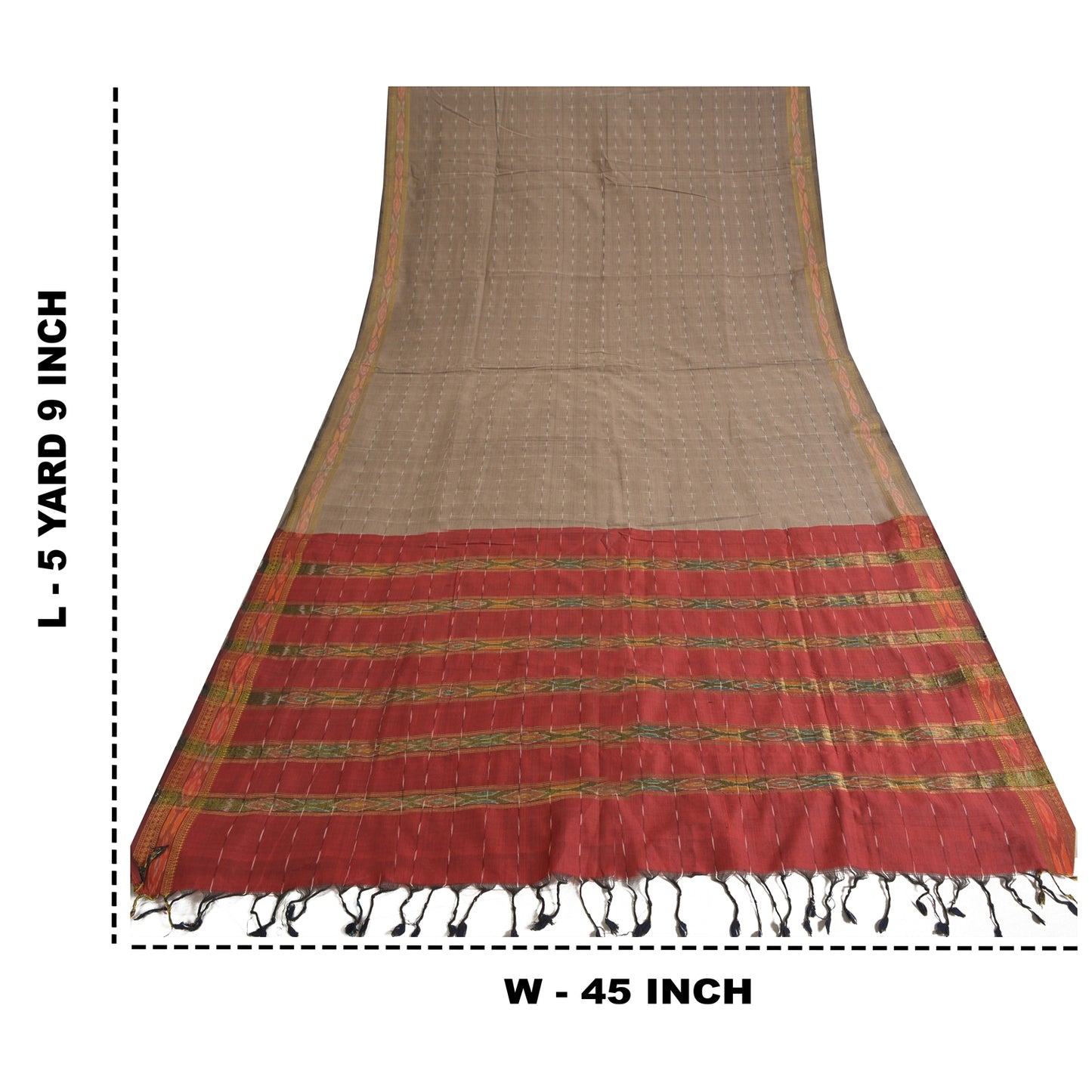 Sanskriti Vintage Sarees Light-Brown Ikat Hand-Woven Cotton Silk Sari 5yd Fabric