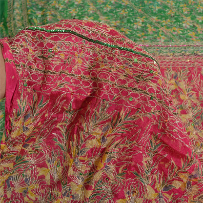 Sanskriti Vintage Sarees Green/Pink Embroidered Pure Silk Sari 5yd Craft Fabric