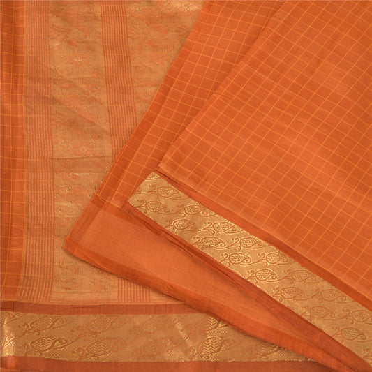 Sanskriti Vintage Sarees Rusty Orange Pure Silk Golden Woven Sari Craft Fabric