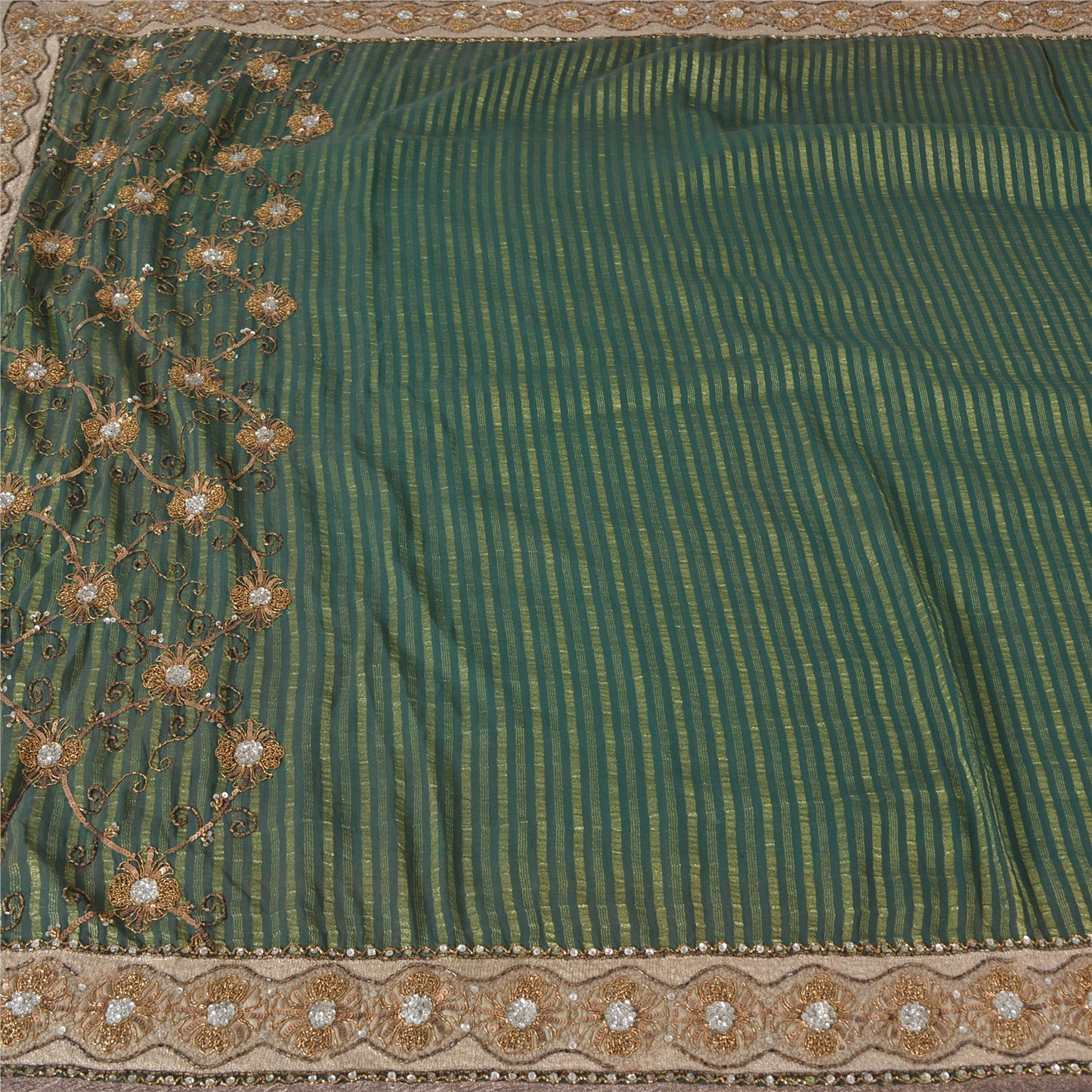 Sanskriti Vintage Sarees Green Artificial Silk Hand Beads Zari Woven Sari Fabric