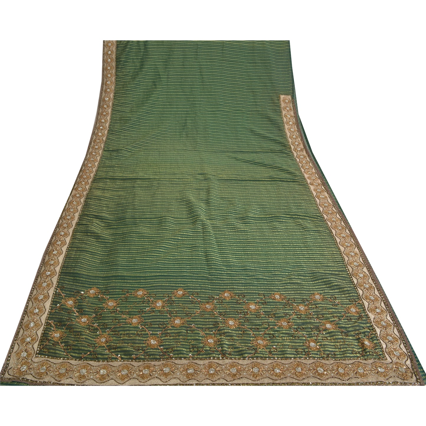 Sanskriti Vintage Sarees Green Artificial Silk Hand Beads Zari Woven Sari Fabric