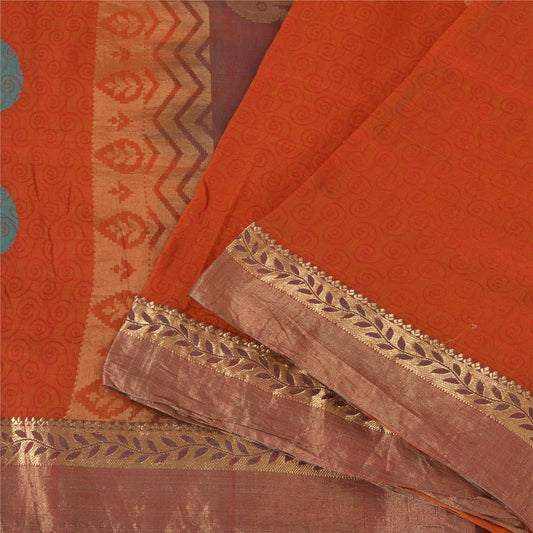 Sanskriti Vintage Sarees Orange 100% Pure Silk Zari Woven Sari 5yd Craft Fabric