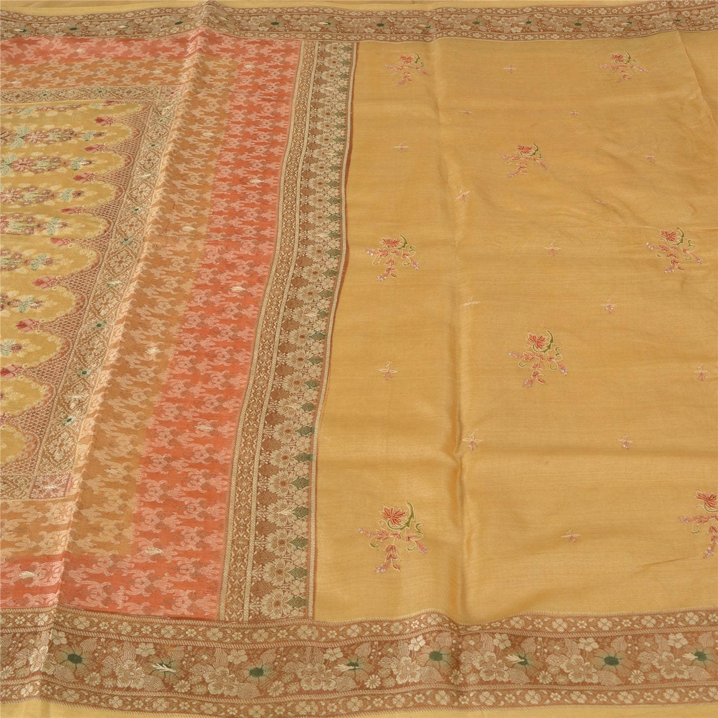 Sanskriti Vintage Sarees Saffron 100% Pure Silk Woven Sari 5yd Craft Fabric