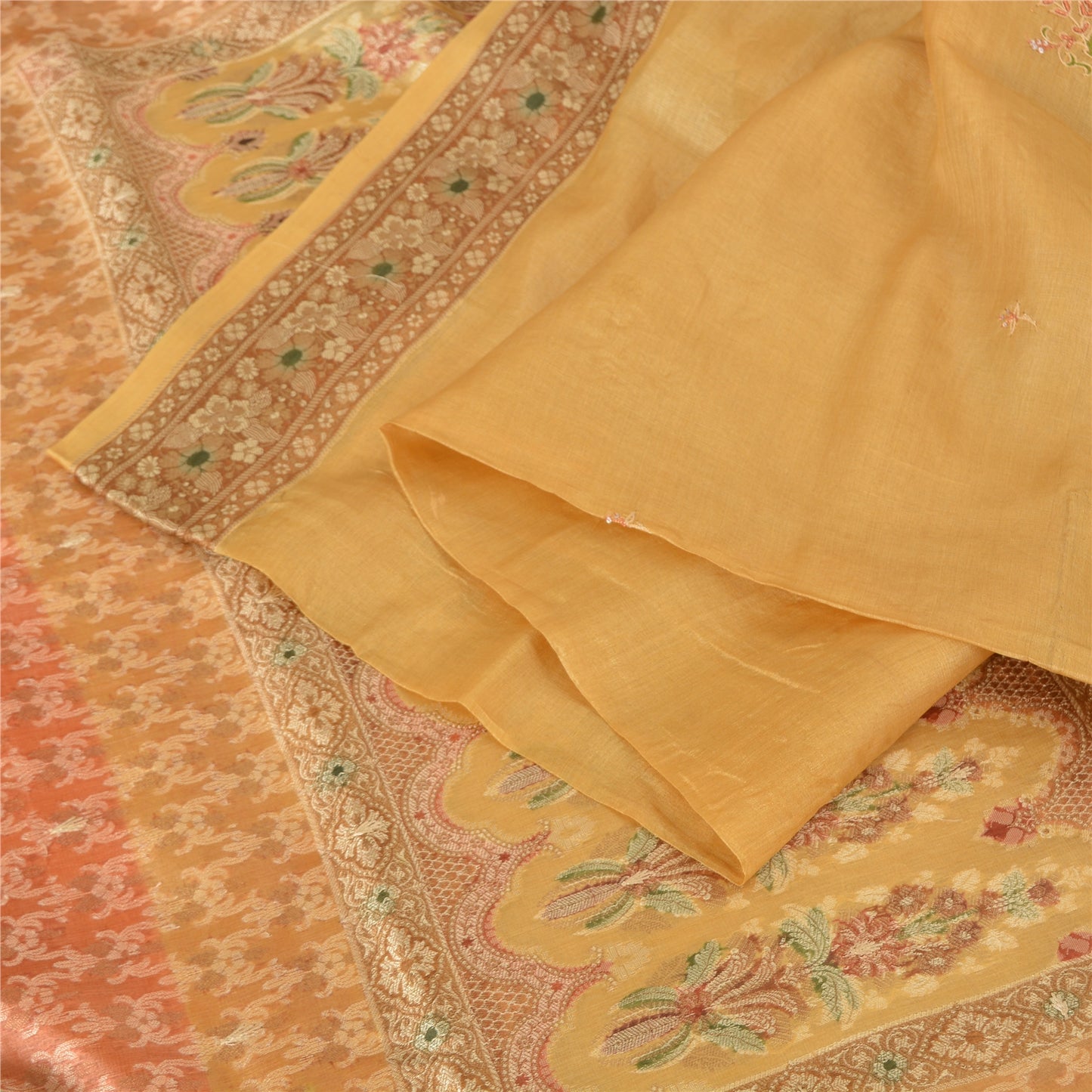 Sanskriti Vintage Sarees Saffron 100% Pure Silk Woven Sari 5yd Craft Fabric