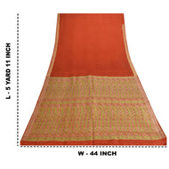 Sanskriti Vintage Sarees Indian Orange Pure Silk Woven Sari Floral Craft Fabric