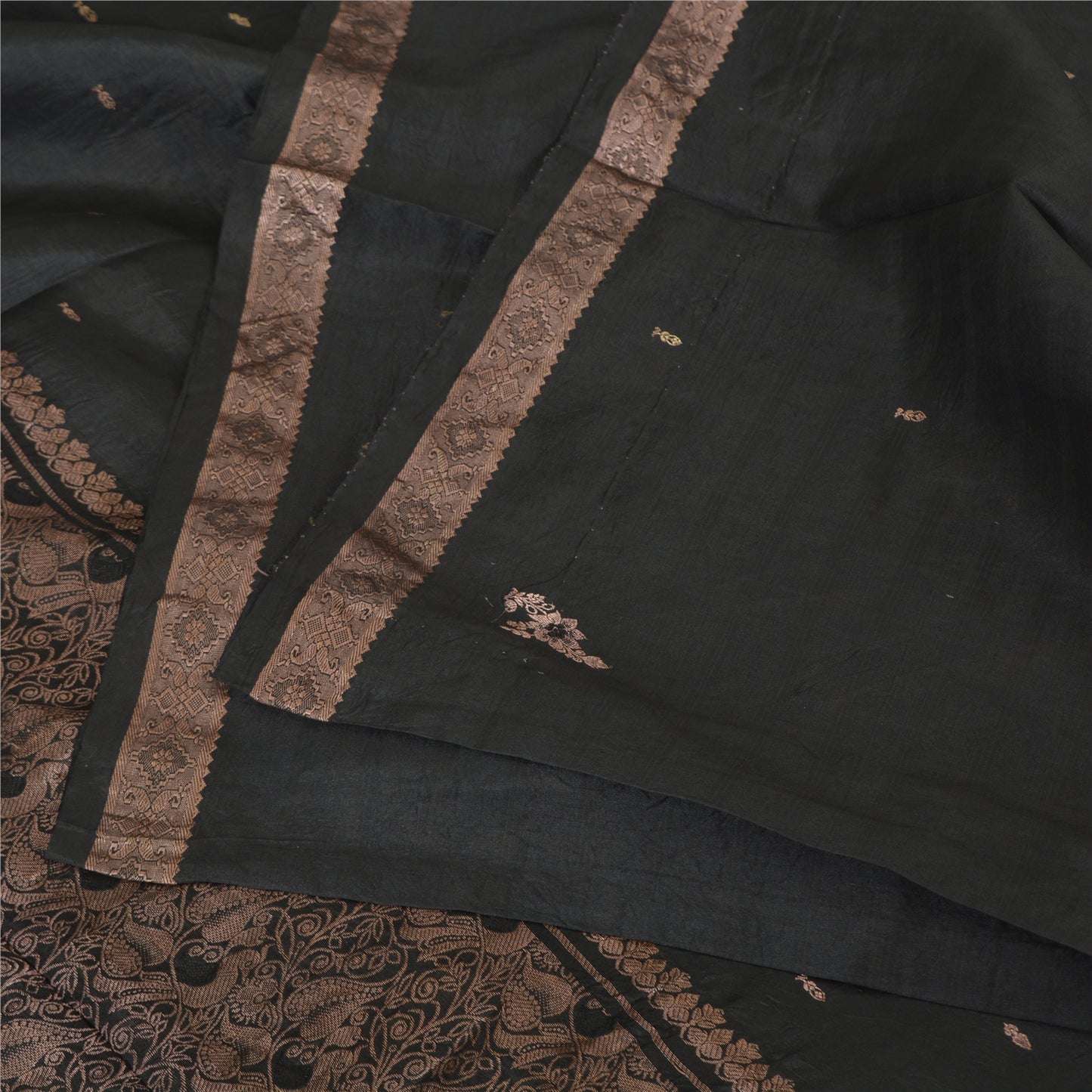 Sanskriti Vintage Sarees Black 100% Pure Silk Hand Woven Sari 5yd Craft Fabric