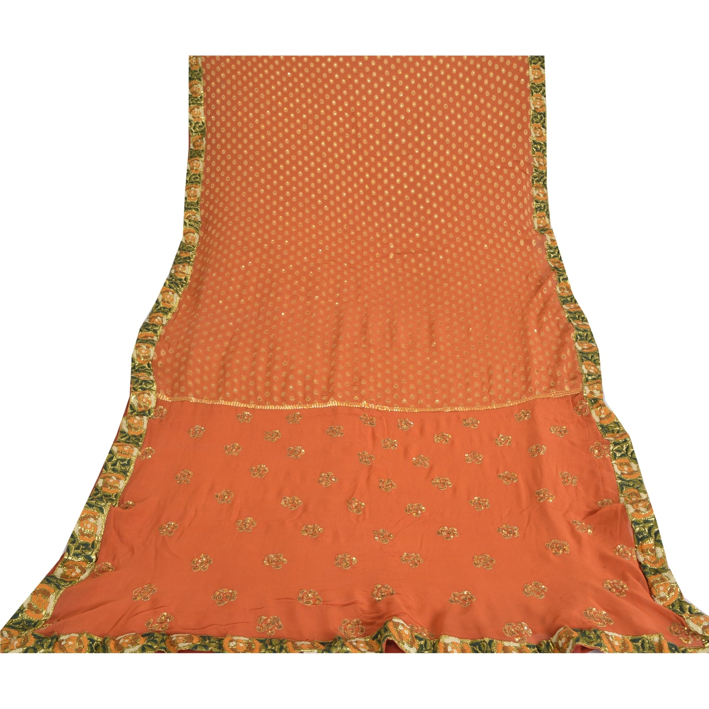 Sanskriti Vintage Orange Sarees Pure Georgette Silk HandBeaded Sari Craft Fabric