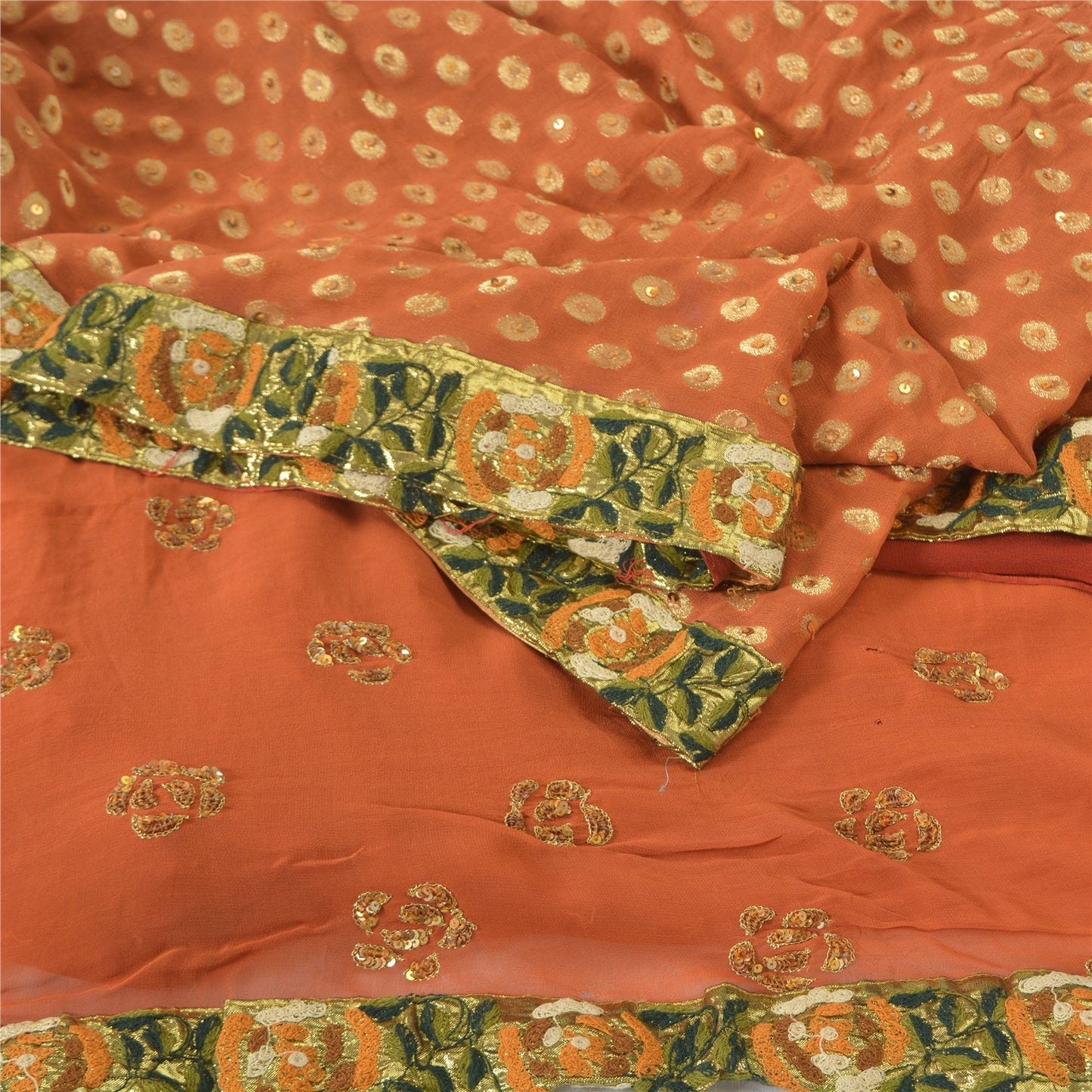 Sanskriti Vintage Orange Sarees Pure Georgette Silk HandBeaded Sari Craft Fabric