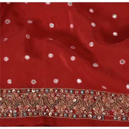 Sanskriti Vintage Red Sarees Pure Crepe Silk Hand Beaded Sari 5yrd Craft Fabric