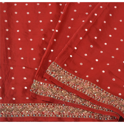 Sanskriti Vintage Red Sarees Pure Crepe Silk Hand Beaded Sari 5yrd Craft Fabric