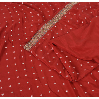 Sanskriti Vintage Red Sarees Pure Crepe Silk Hand Beaded Sari 5yrd Craft Fabric