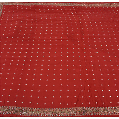 Sanskriti Vintage Red Sarees Pure Crepe Silk Hand Beaded Sari 5yrd Craft Fabric