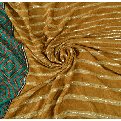 Sanskriti Vintage Caramel/Green Sarees Blend Silk Hand Beaded Sari Craft Fabric