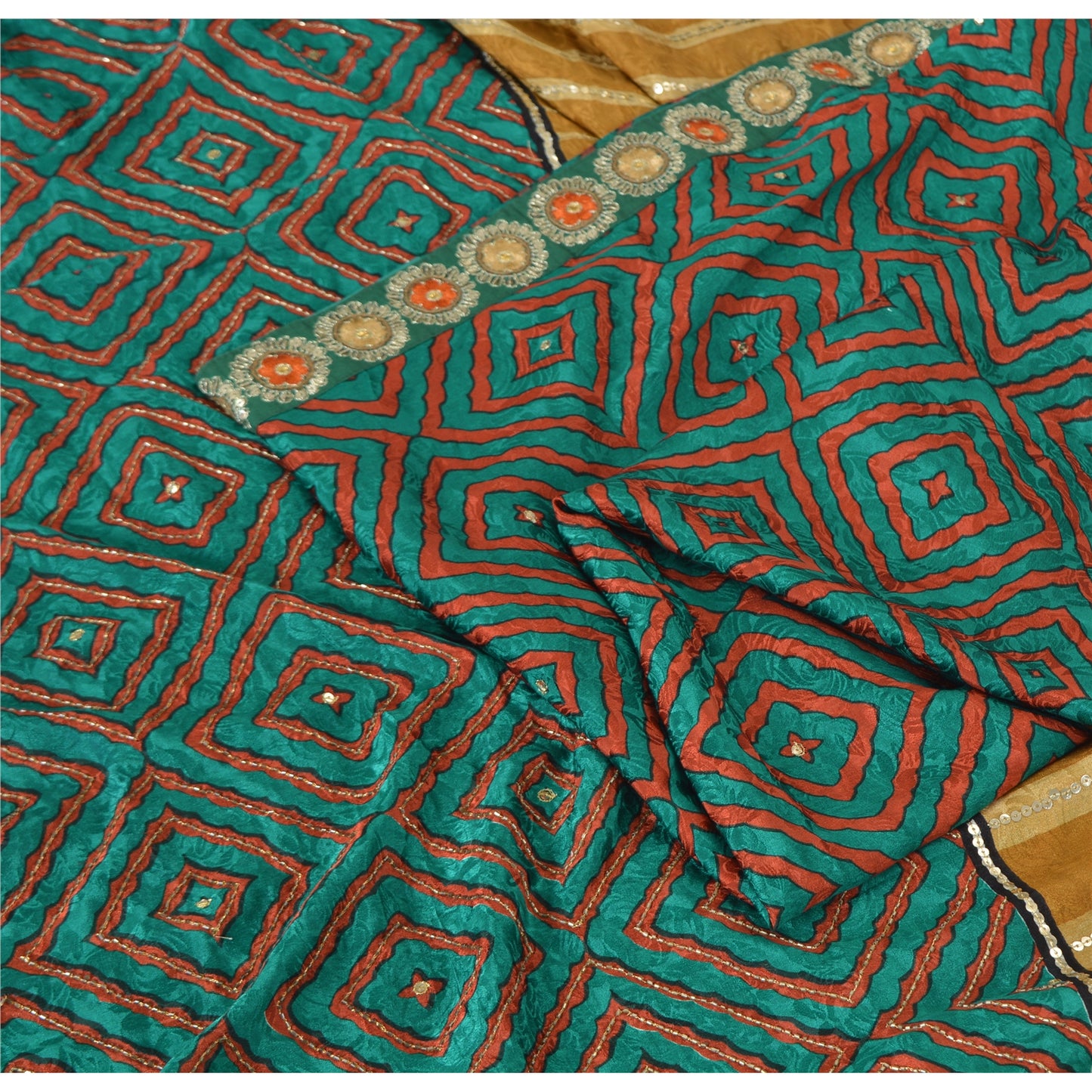 Sanskriti Vintage Caramel/Green Sarees Blend Silk Hand Beaded Sari Craft Fabric