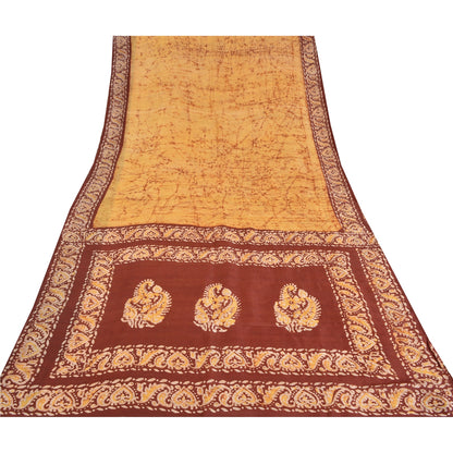 Sanskriti Vintage Brown/Yellow Sarees Pure Silk Hand Printed Batik Sari Fabric