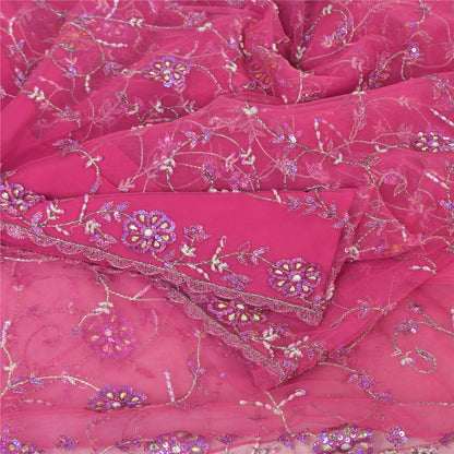 Sanskriti Vintage Magenta Sarees Net Mesh Hand Beaded Bollywood Sari 6yd Fabric