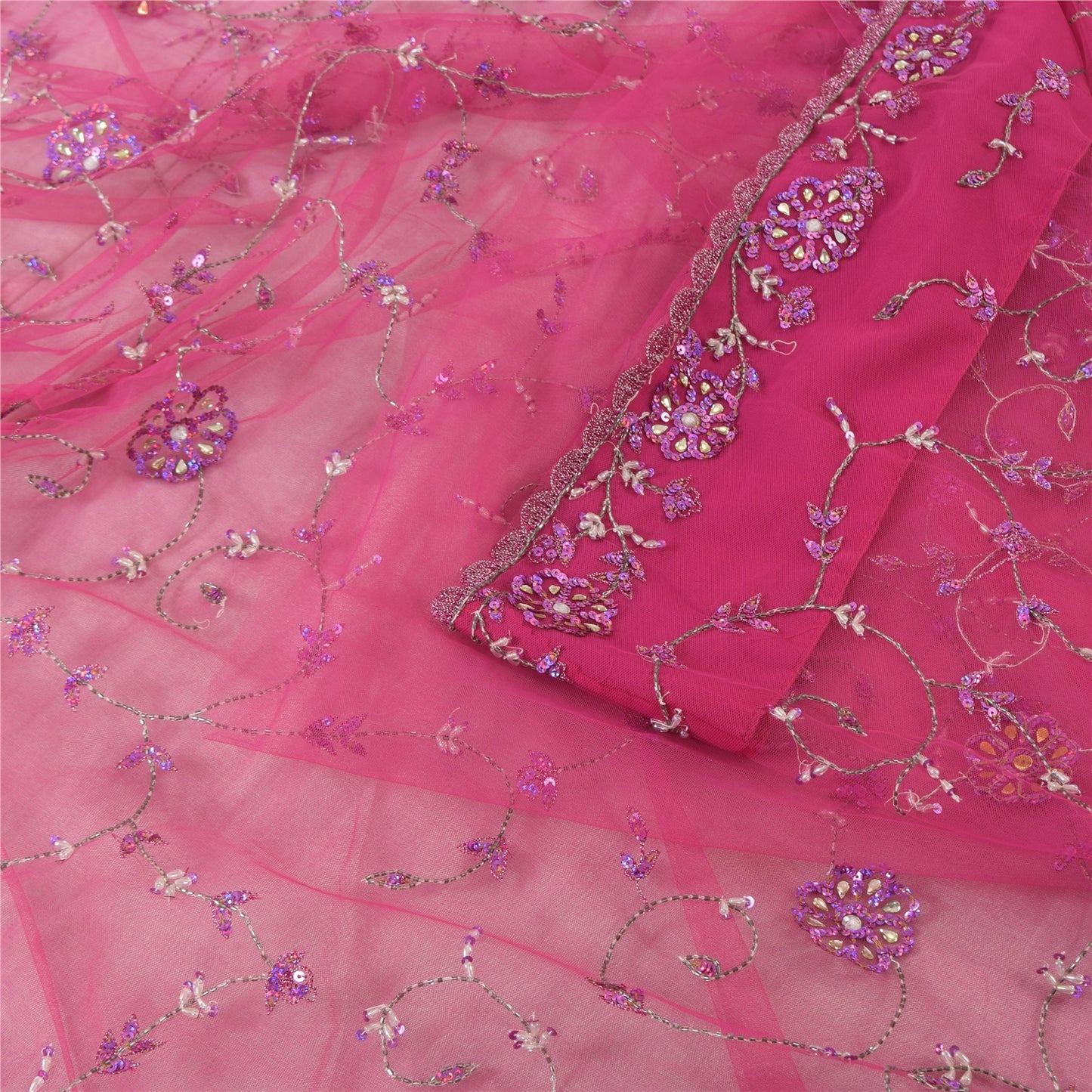 Sanskriti Vintage Magenta Sarees Net Mesh Hand Beaded Bollywood Sari 6yd Fabric