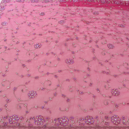 Sanskriti Vintage Magenta Sarees Net Mesh Hand Beaded Bollywood Sari 6yd Fabric