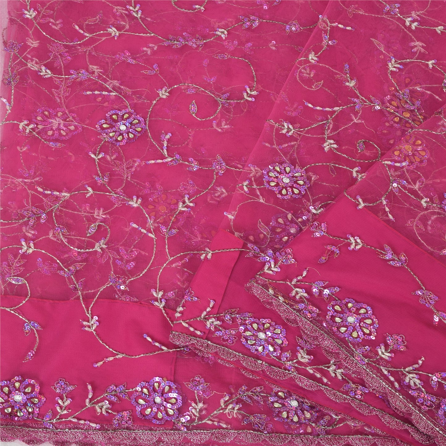 Sanskriti Vintage Magenta Sarees Net Mesh Hand Beaded Bollywood Sari 6yd Fabric