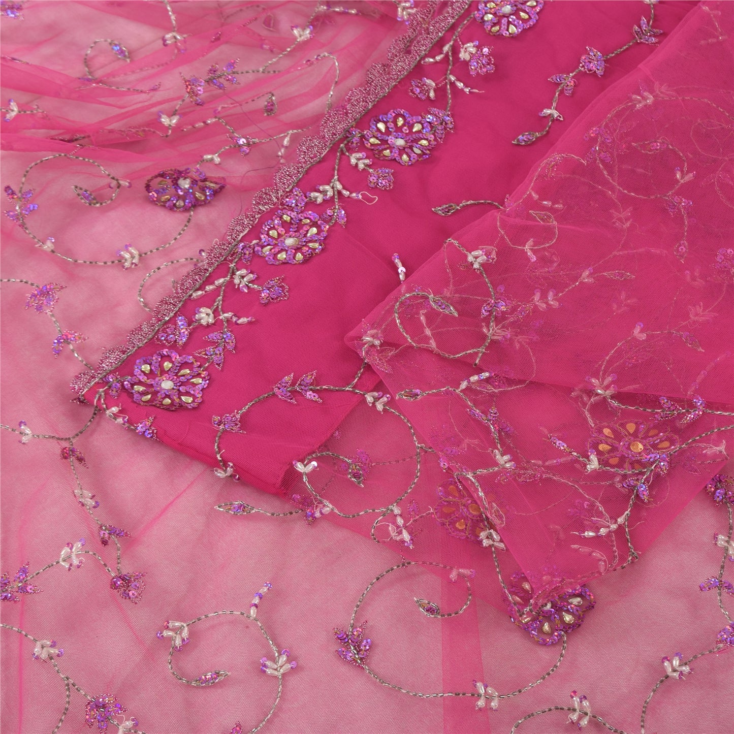 Sanskriti Vintage Magenta Sarees Net Mesh Hand Beaded Bollywood Sari 6yd Fabric