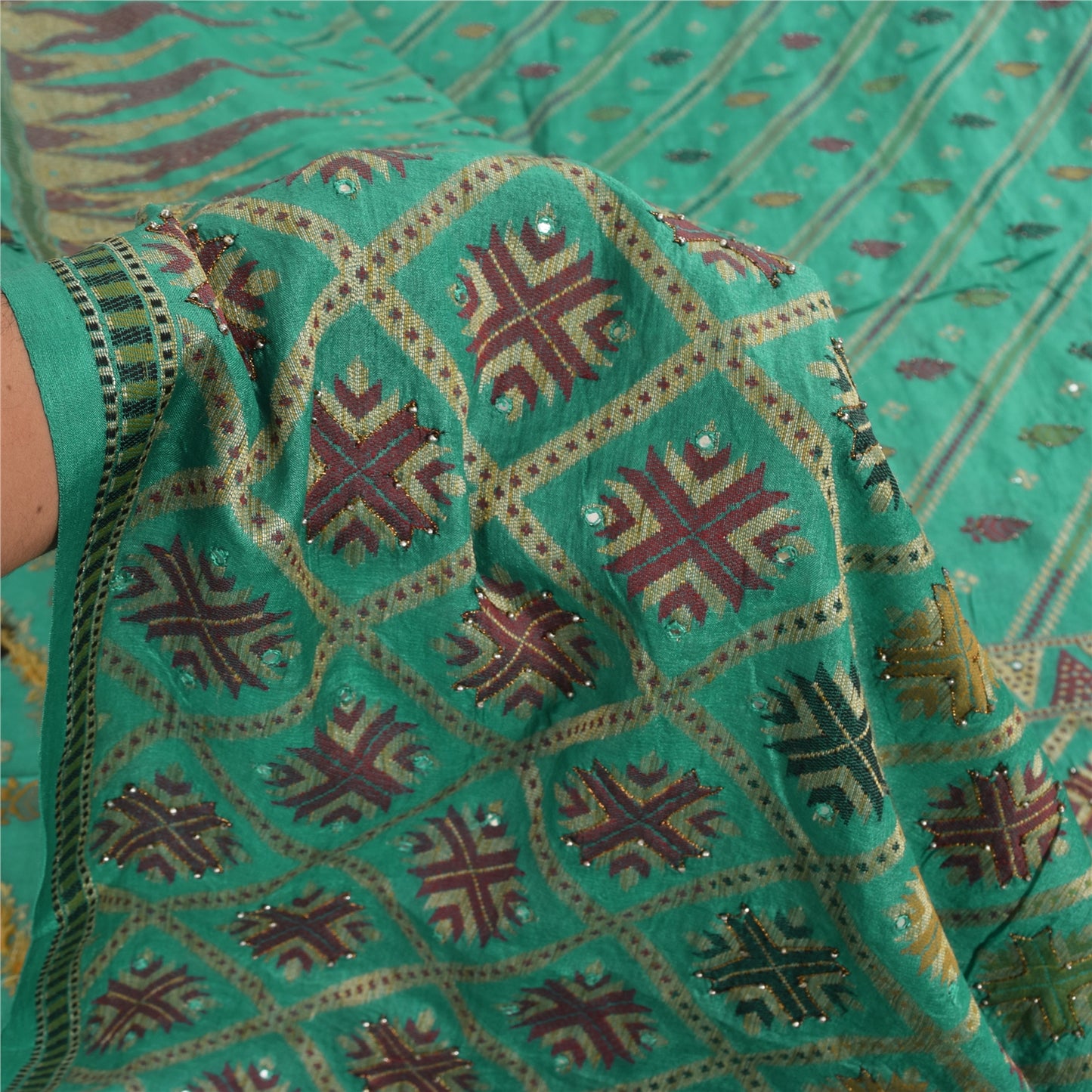 Sanskriti Vintage Indian Green Sarees Pure Silk Hand Beaded Premium Sari Fabric