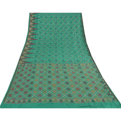 Sanskriti Vintage Indian Green Sarees Pure Silk Hand Beaded Premium Sari Fabric