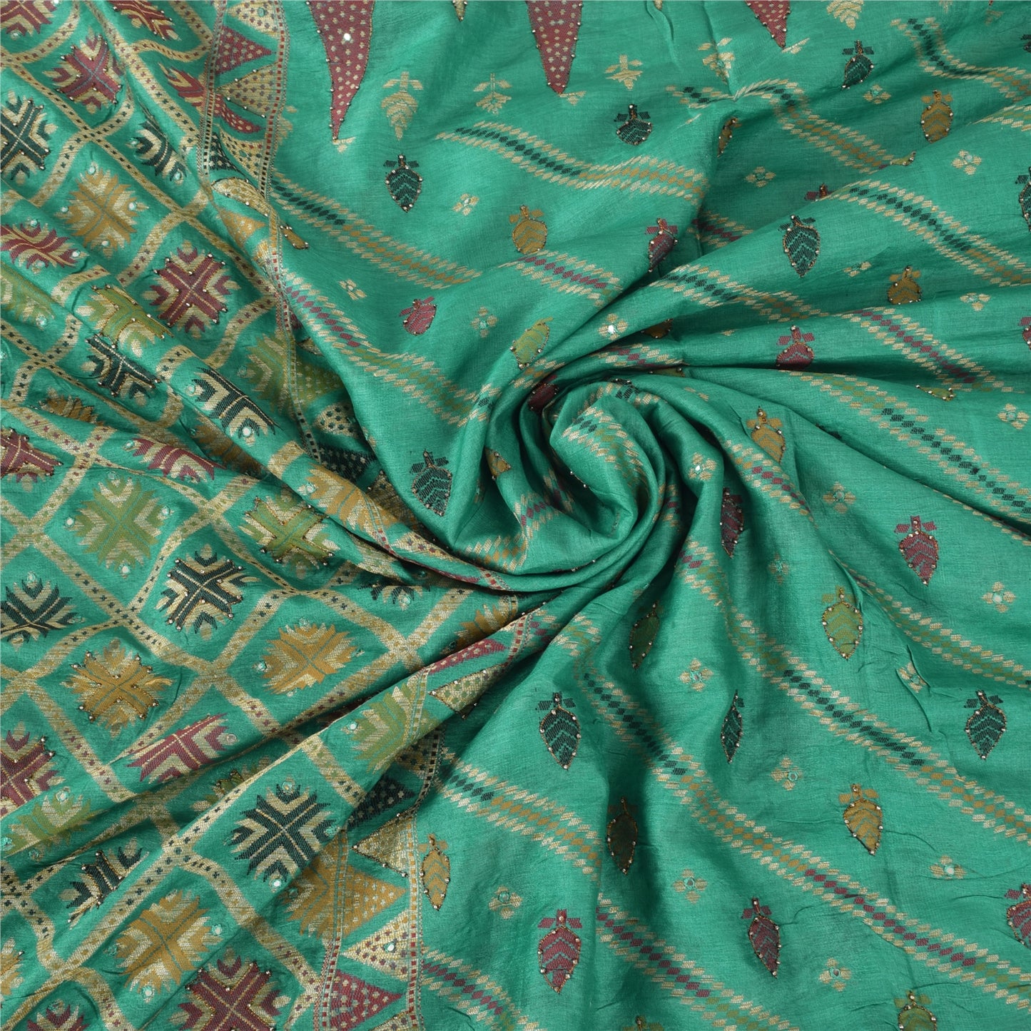 Sanskriti Vintage Indian Green Sarees Pure Silk Hand Beaded Premium Sari Fabric