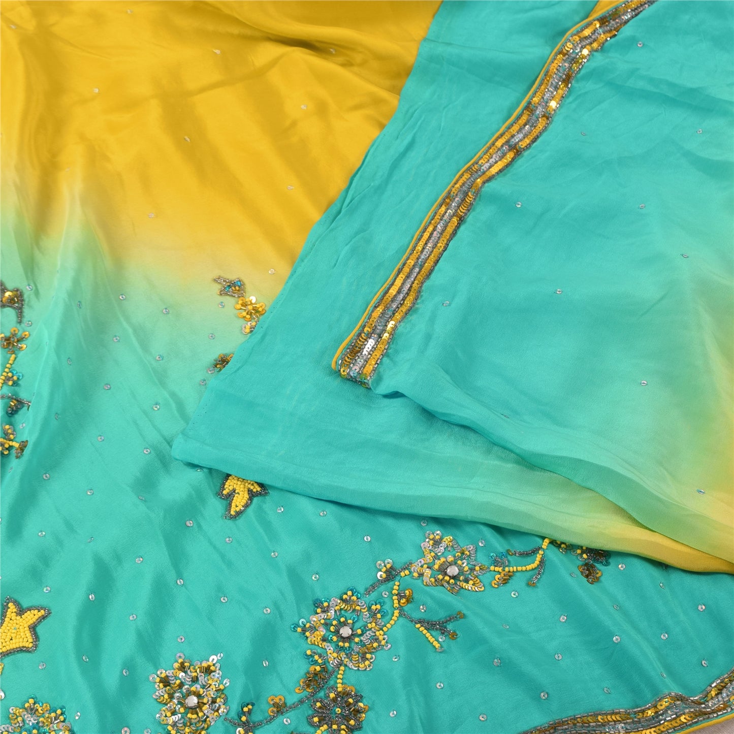 Sanskriti Vintage Blue/Yellow Sarees Pure Silk Beaded Premium Sari Craft Fabric