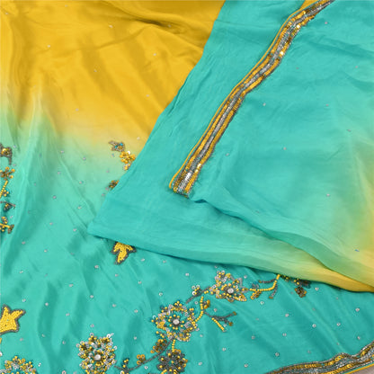 Sanskriti Vintage Blue/Yellow Sarees Pure Silk Beaded Premium Sari Craft Fabric