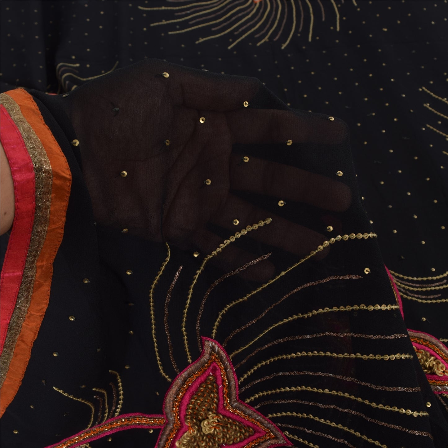 Sanskriti Vintage Black Sarees Pure Silk Hand Beaded Premium Sari Craft Fabric