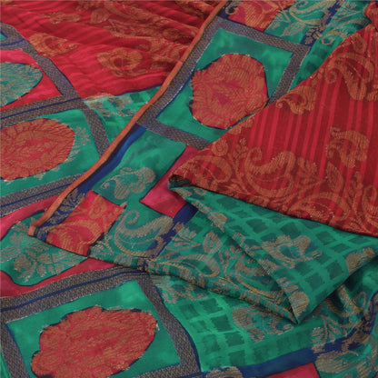 Sanskriti Vintage Red/Green Sarees Pure Georgette Woven Premium Sari 5yd Fabric