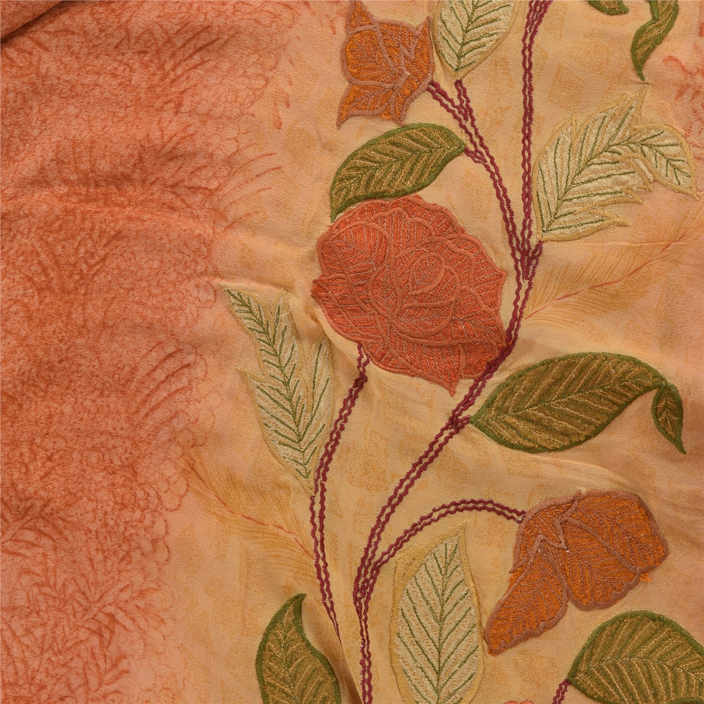 Sanskriti Vintage Peach/Yellow Sarees Pure Georgette Embroidered Sari 5yd Fabric