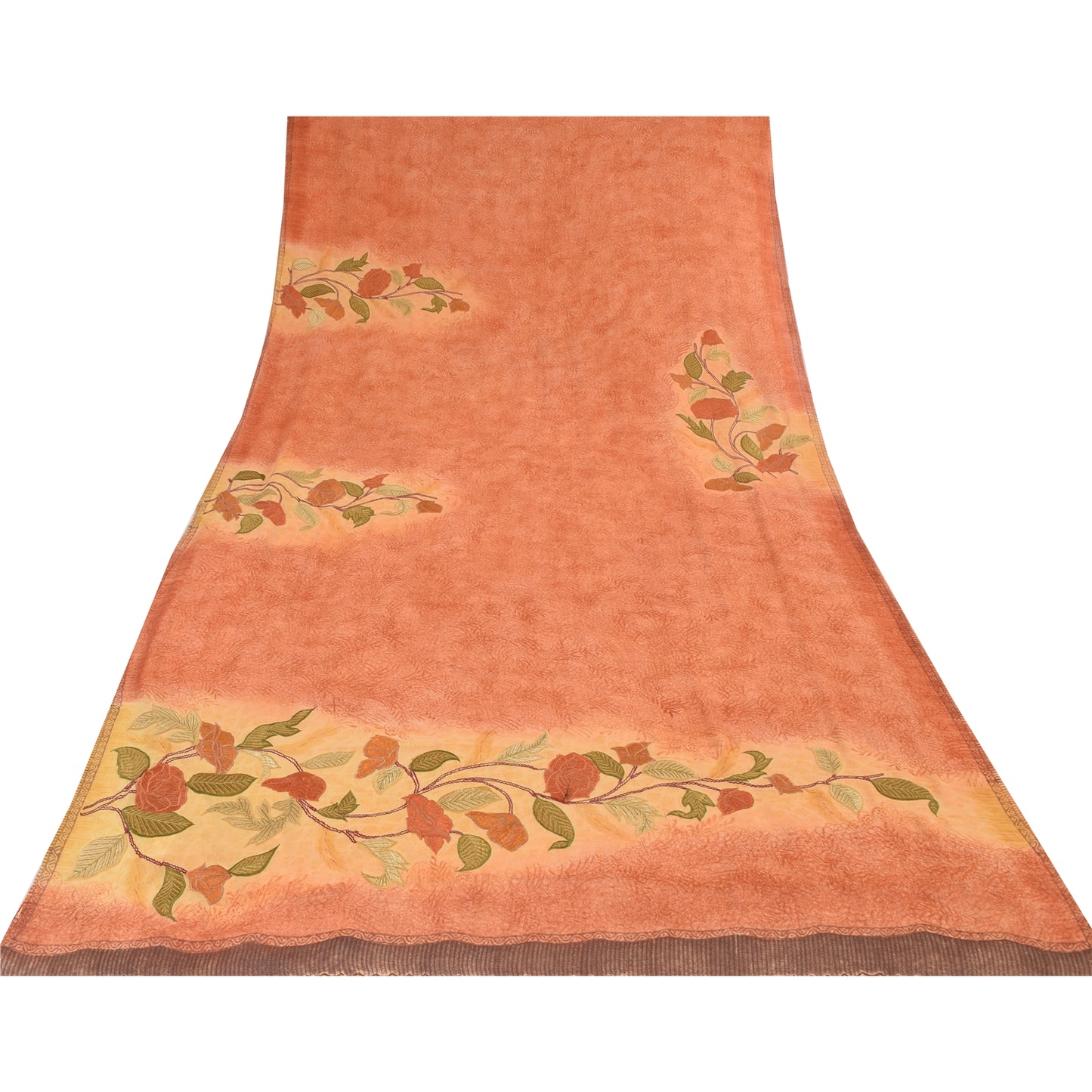 Sanskriti Vintage Peach/Yellow Sarees Pure Georgette Embroidered Sari 5yd Fabric