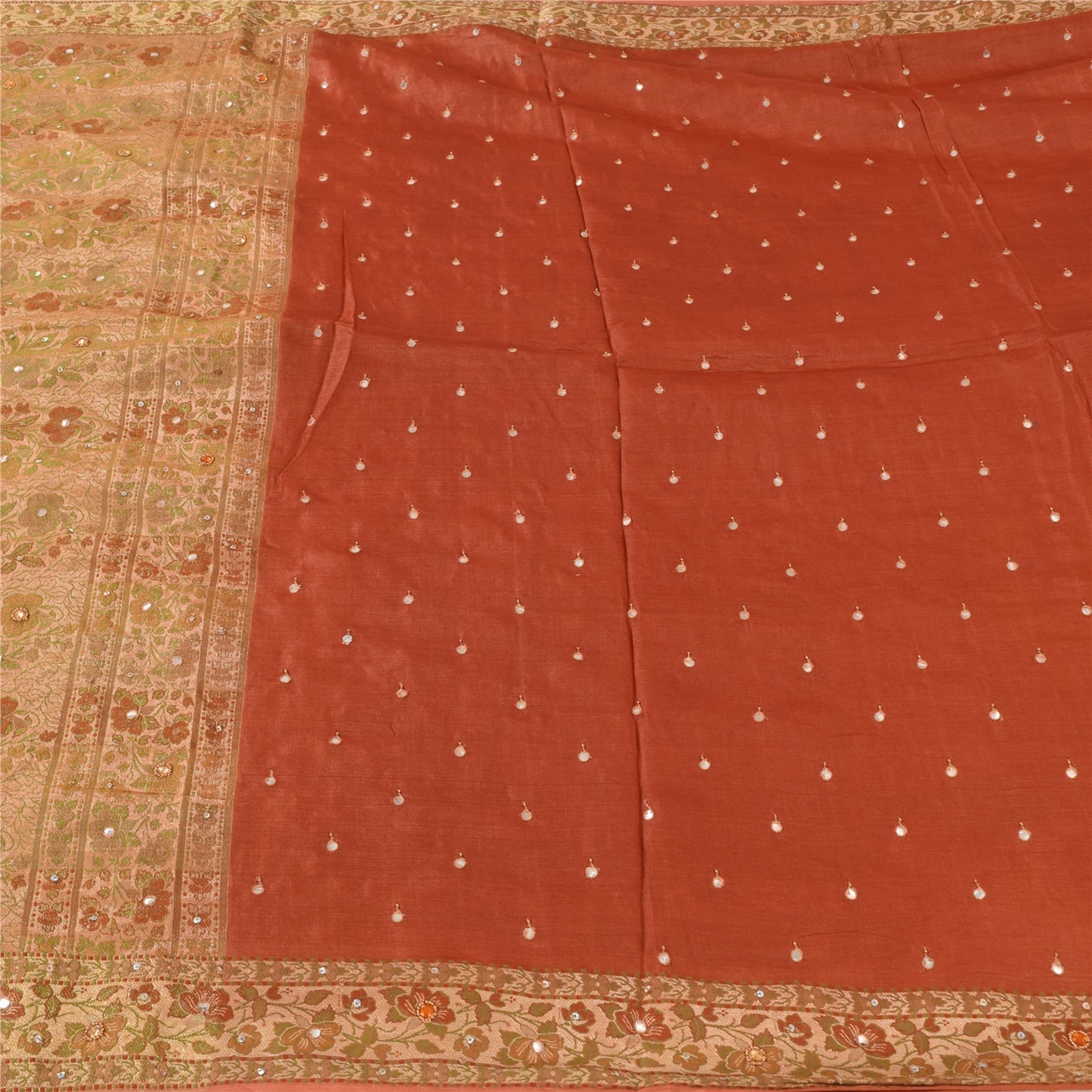 Sanskriti Vintage Orange/Yellow Sarees Pure Silk Hand Beaded Woven Sari Fabric