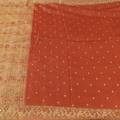 Sanskriti Vintage Orange/Yellow Sarees Pure Silk Hand Beaded Woven Sari Fabric