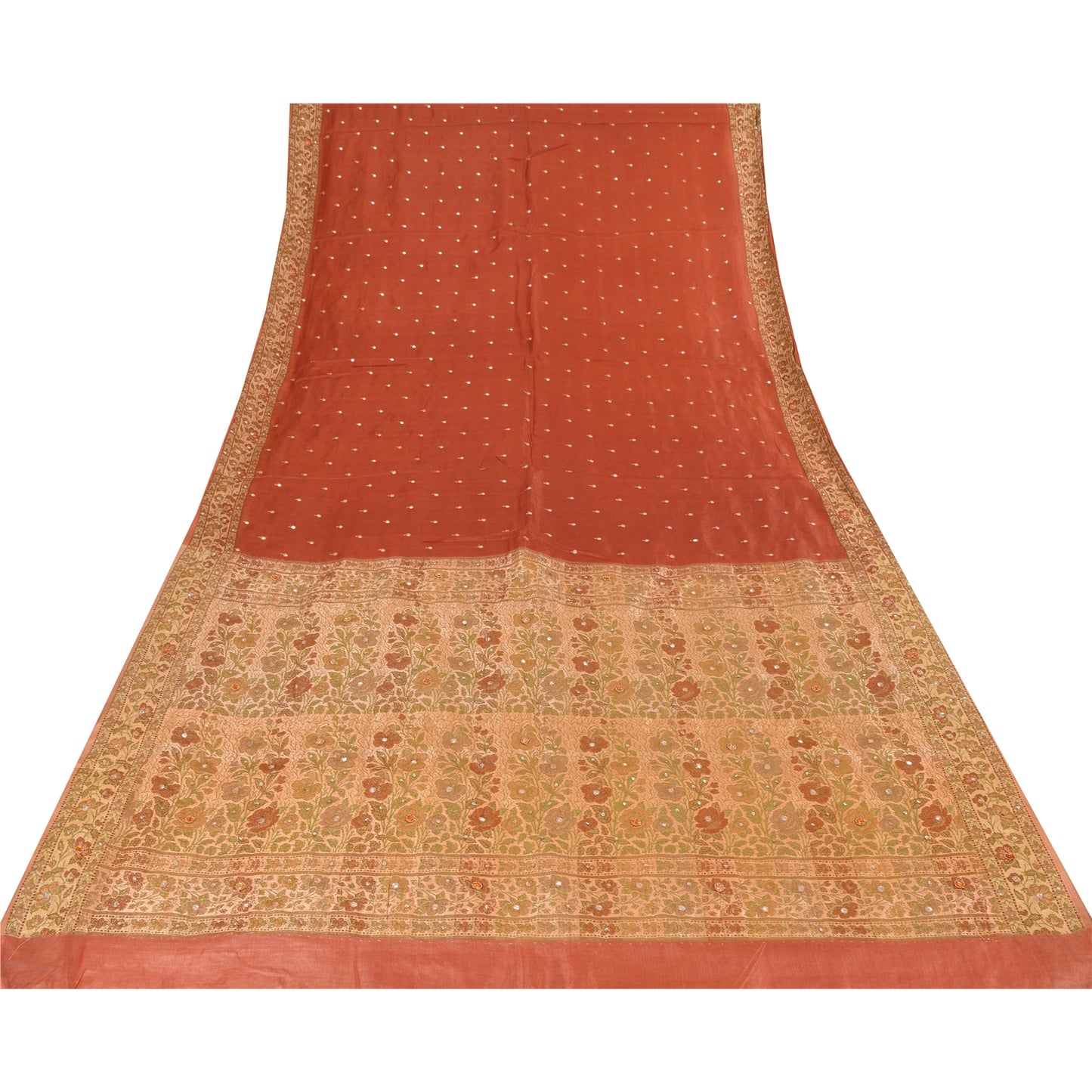 Sanskriti Vintage Orange/Yellow Sarees Pure Silk Hand Beaded Woven Sari Fabric