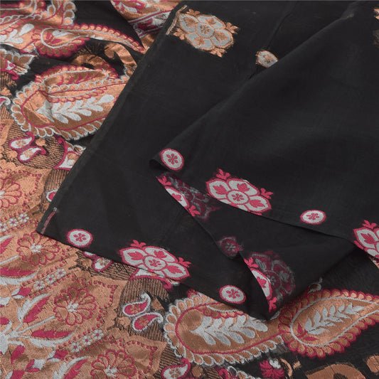 Sanskriti Vintage Sarees Wedding Black Hand Woven Pure Silk Sari 5ydCraft Fabric