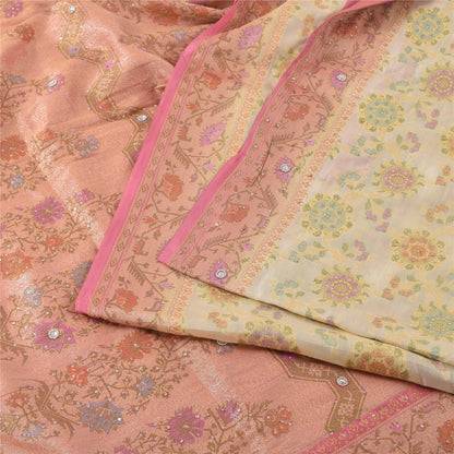 Sanskriti Vintage Sarees Cream/Pink Hand Beaded Woven Pure Silk Sari 6yd Fabric