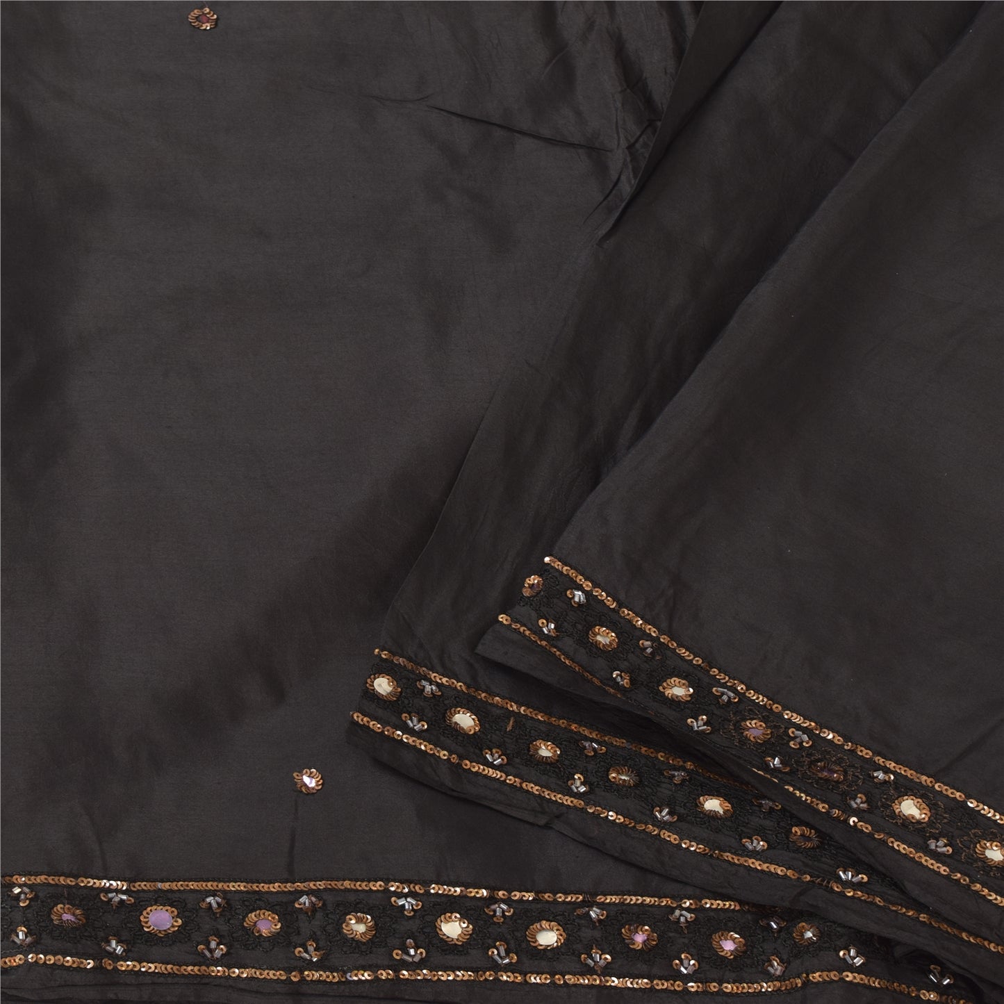 Sanskriti Vintage Sarees Indian Black Hand Beaded Pure Silk Sari Craft Fabric