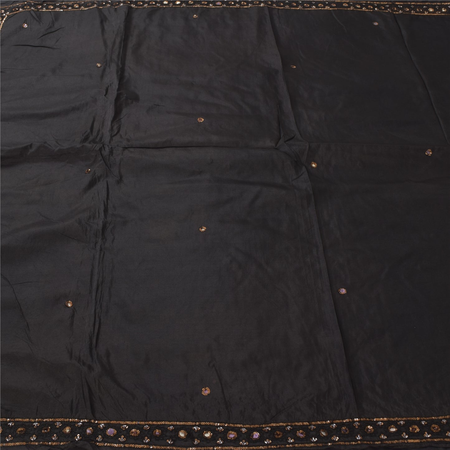 Sanskriti Vintage Sarees Indian Black Hand Beaded Pure Silk Sari Craft Fabric