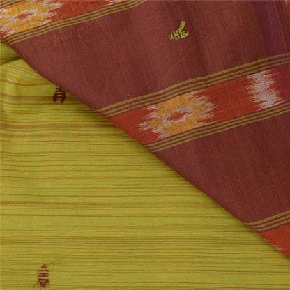 Sanskriti Vintage Sarees Green Pure Cotton Ikat Hand Woven Sari 5yd Craft Fabric