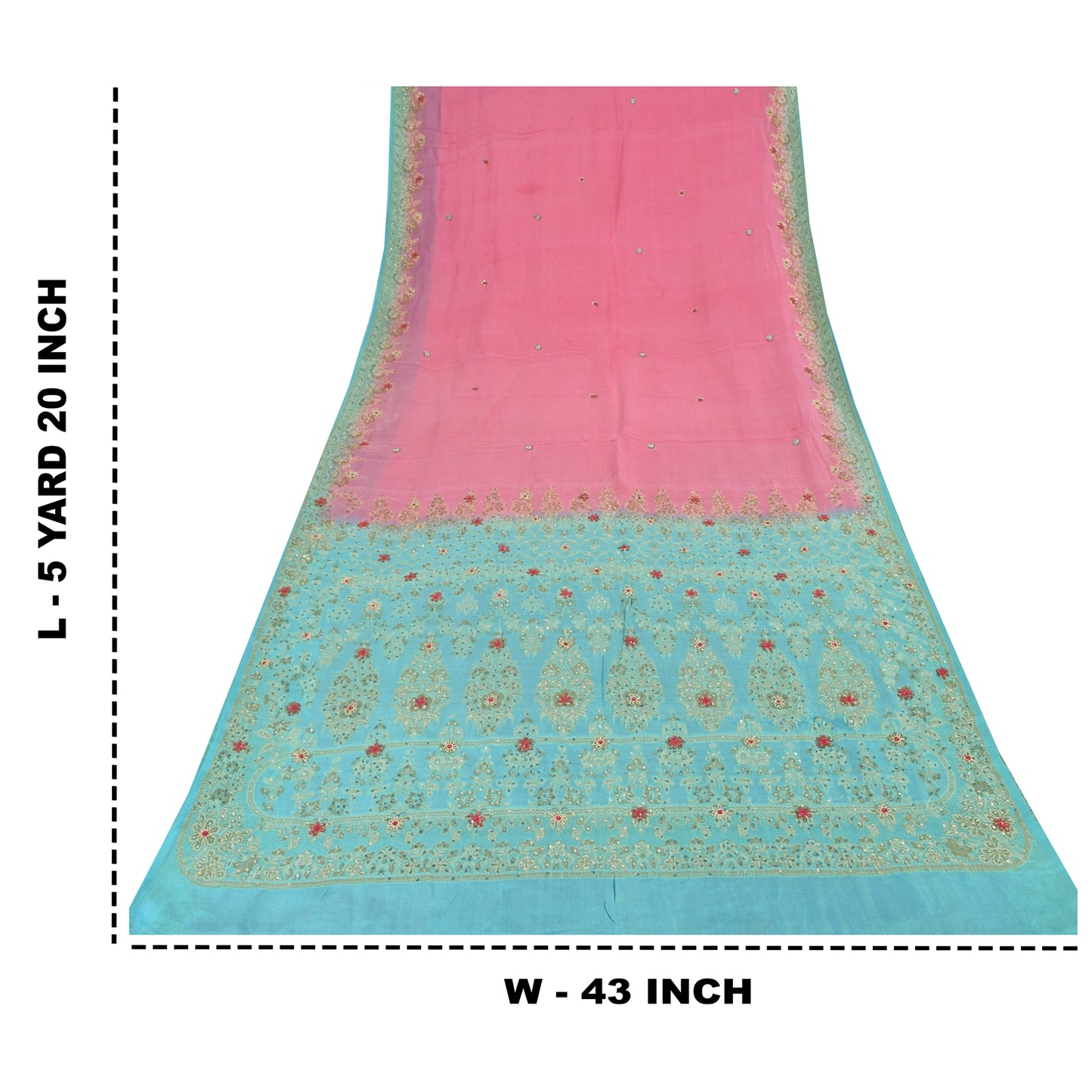 Sanskriti Vintage Sarees Pink/Blue Hand Beaded Woven Pure Silk Sari Craft Fabric