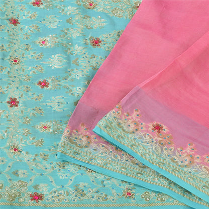 Sanskriti Vintage Sarees Pink/Blue Hand Beaded Woven Pure Silk Sari Craft Fabric