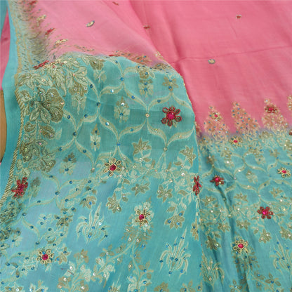 Sanskriti Vintage Sarees Pink/Blue Hand Beaded Woven Pure Silk Sari Craft Fabric