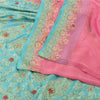 Sanskriti Vintage Sarees Pink/Blue Hand Beaded Woven Pure Silk Sari Craft Fabric