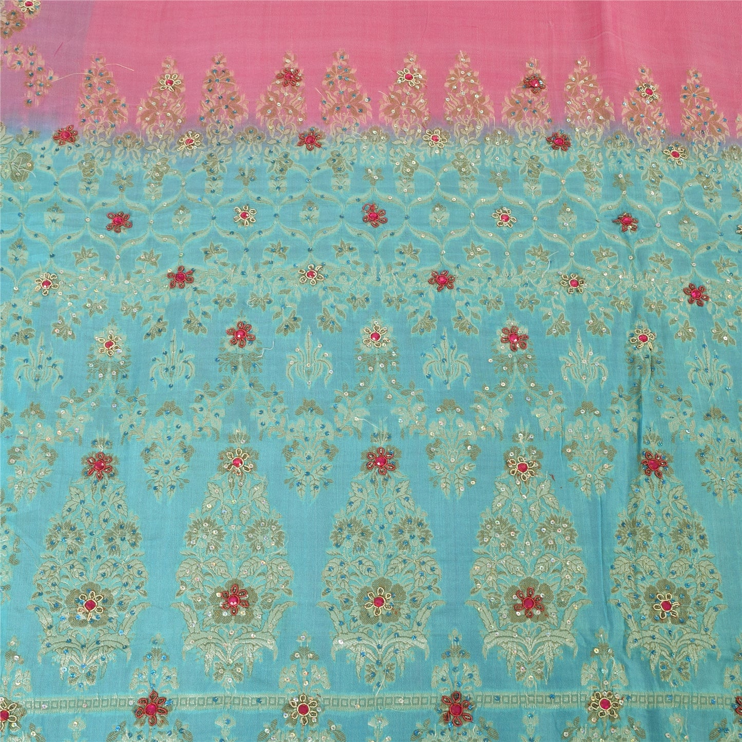 Sanskriti Vintage Sarees Pink/Blue Hand Beaded Woven Pure Silk Sari Craft Fabric