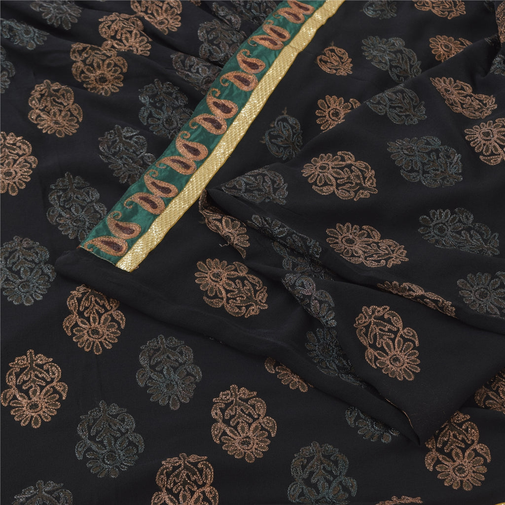 Sanskriti Vintage Sarees Black Embroidered Pure Georgette Silk Sari Craft Fabric