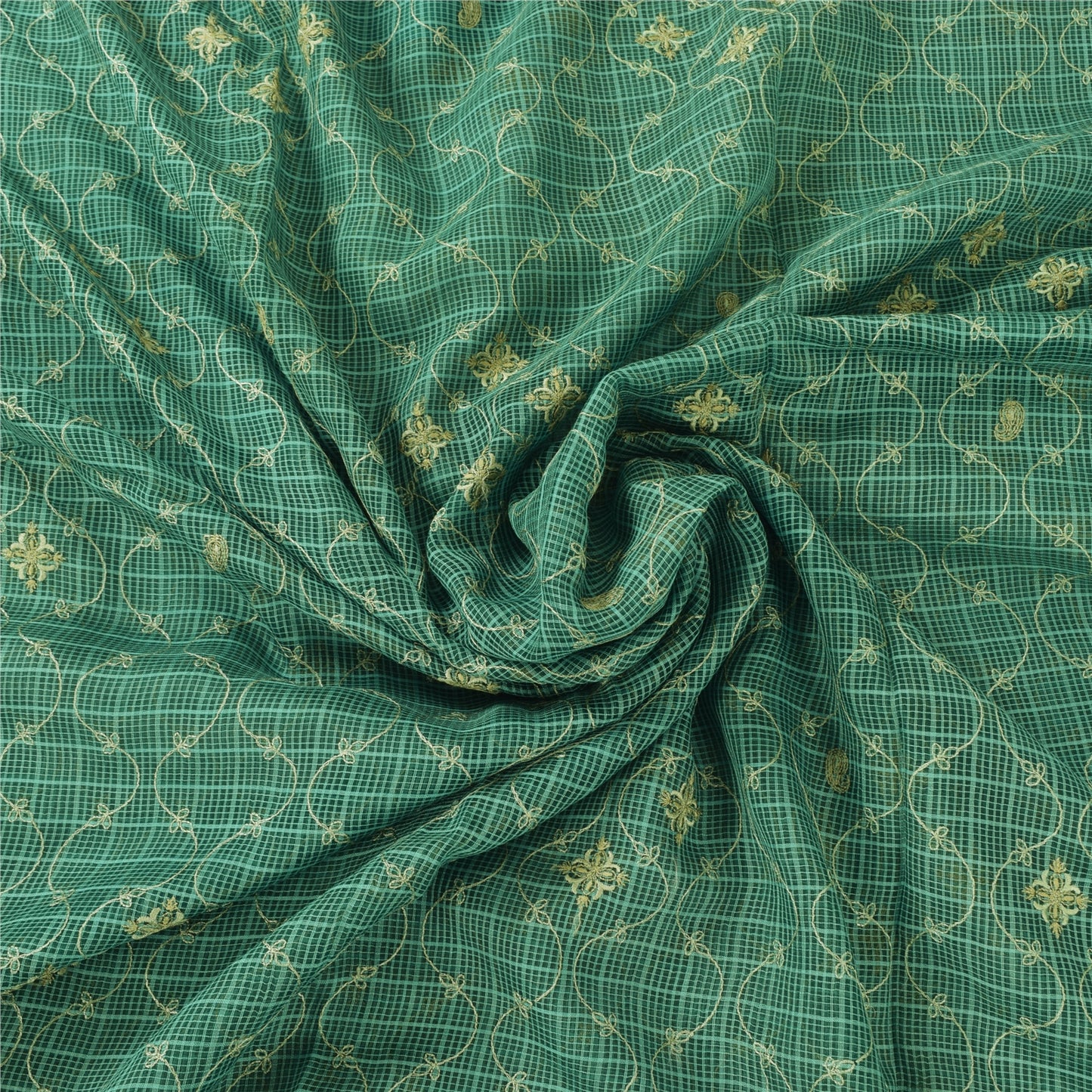 Sanskriti Vintage Sarees Green Embroidered Kota Woven Pure Cotton Sari Fabric