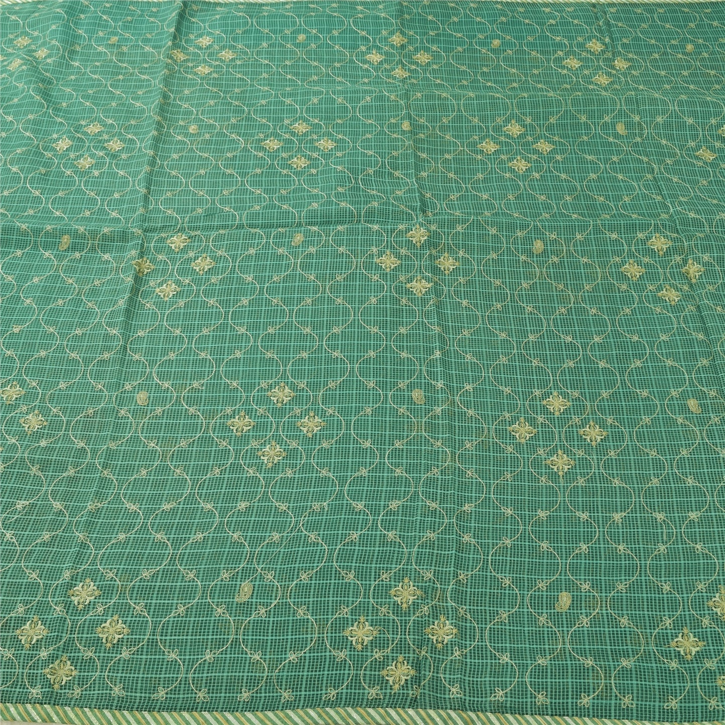 Sanskriti Vintage Sarees Green Embroidered Kota Woven Pure Cotton Sari Fabric